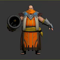 Bald Head Game Movie Character With Orange Scarf And Robe Holding Shield With Yellow Ornament