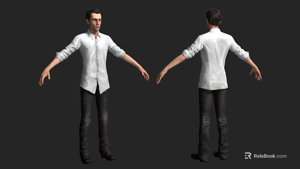 Man in White Shirt and Dark Pants with Arms Outstretched Front and Back Views 3d model 