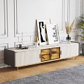 Modern Elegant TV Stand With Marble Top White Gold Drawers Artwork And Plant Decor