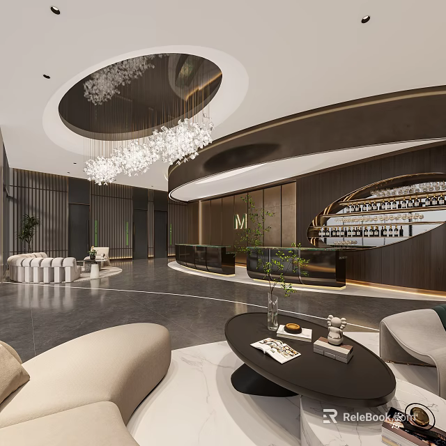 Elegant Luxury Modern Reception Area Design With Chandelier Desk Plants And Comfortable Seating 3d model 