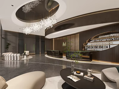Elegant Luxury Modern Reception Area Design With Chandelier Desk Plants And Comfortable Seating 3d model