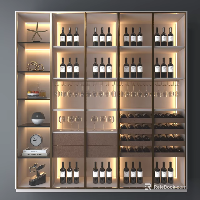 Illuminated Wine Cabinet With Shelves Drawers Wine Bottles Hanging Glasses And Decorative Items 3d model 