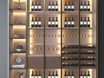 Illuminated Wine Cabinet With Shelves Drawers Wine Bottles Hanging Glasses And Decorative Items 3d model