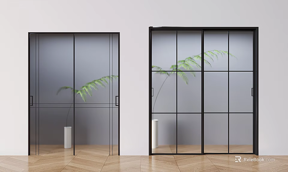 Black Frame Sliding Doors With Frosted Clear Glass And Green Plant In White Vase 3d model 