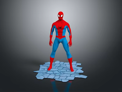 Spider Man 3D Model in Red Blue Costume Standing on Broken Stone Tiles Gray Background 3d model