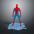 Spider Man 3D Model in Red Blue Costume Standing on Broken Stone Tiles Gray Background