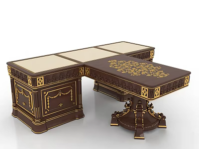 Luxurious Dark Wood Office Desk With Ivory Top Gold Accents And Carved Details 3d model