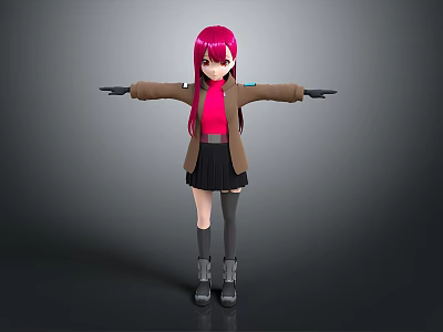 Game and Movie Character with Pink Hair Red Top Brown Coat Black Skirt Arms Outstretched 3d model