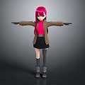 Game and Movie Character with Pink Hair Red Top Brown Coat Black Skirt Arms Outstretched
