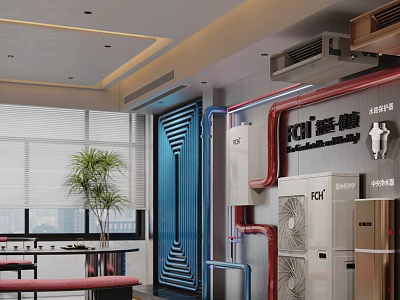 Modern Showroom Interior With TCL FCI Air Conditioners Pipes Blue Panel And Plants 3d model
