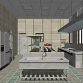 Commercial Restaurant Kitchen With Stainless Steel Worktables Sinks Tiled Walls And Ceiling Lights