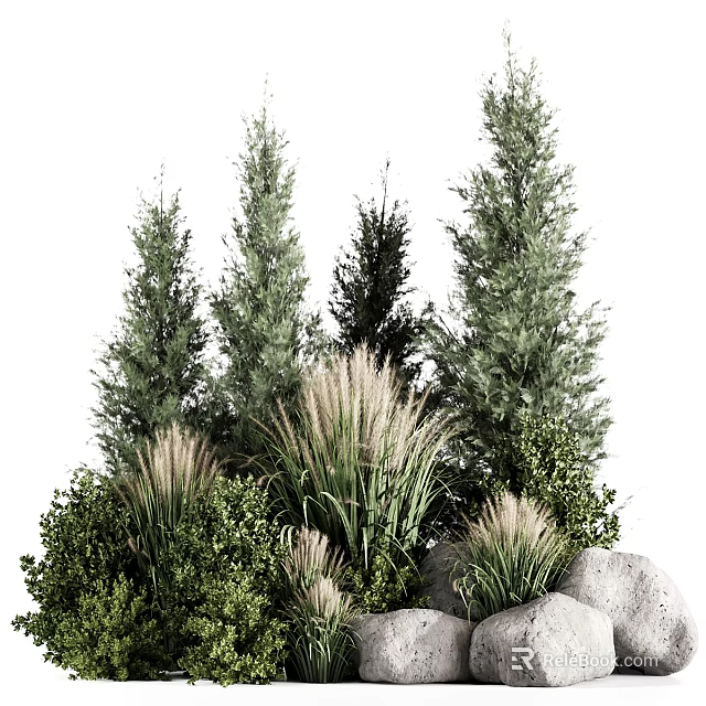 Various Green Plants Including Tall Trees And Low Herbs With Stones 3d model 
