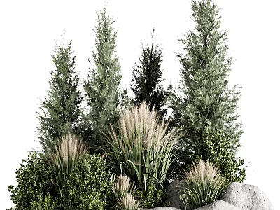 Various Green Plants Including Tall Trees And Low Herbs With Stones 3d model