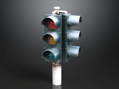 Classic Traffic Light With Red Yellow Green Lenses On White Pole 3d model