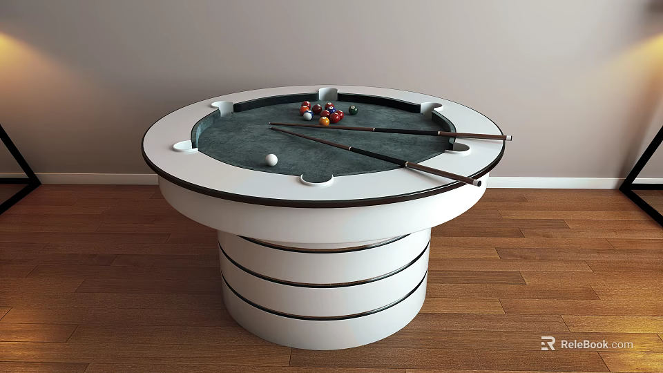 Round Billiard Table With White Base Billiard Balls And Cues On Wooden Floor 3d model 