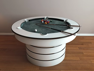 Round Billiard Table With White Base Billiard Balls And Cues On Wooden Floor 3d model