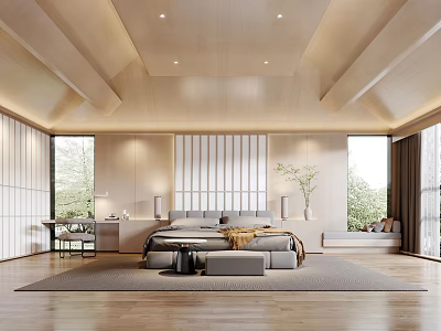 Minimalist Modern Bedroom Interior Design With Wooden Ceiling Large Bed And Floor to Ceiling Windows 3d model