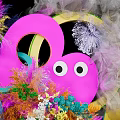 Colorful Photo Check In Spot With Pink Cartoon Shapes Green Plants Smoke Effect And Arch