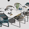 Modern Dining Table Set With Marble Tabletop Teal Chairs And Potted Plant 3d model