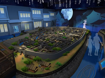 Cultural Center Showcasing Ancient City Model With Night Scene Lighting And Silhouettes 3d model