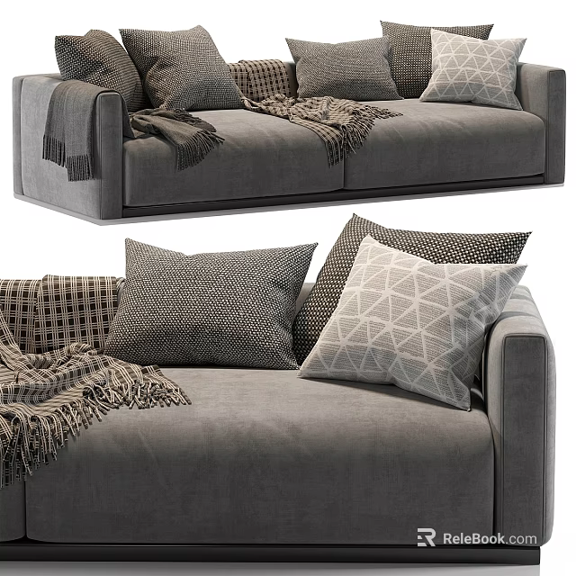 Modern Gray Sofa Set With Multiple Geometric And Plaid Pattern Cushions And Knitted Blanket 3d model