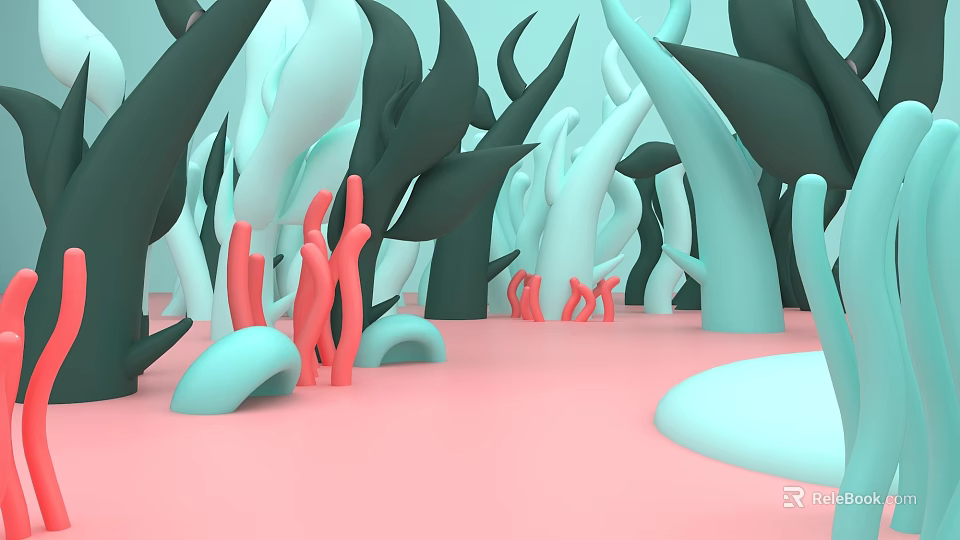 Abstract 3D Environment With Green Blue Plant Structures And Red Coral On Pink Ground 3d model 