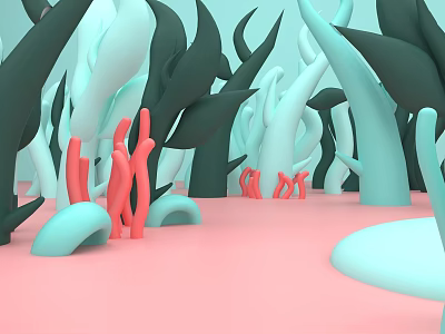 Abstract 3D Environment With Green Blue Plant Structures And Red Coral On Pink Ground 3d model