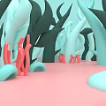 Abstract 3D Environment With Green Blue Plant Structures And Red Coral On Pink Ground