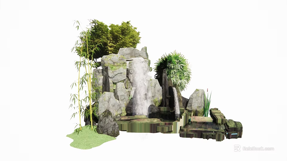 Garden Ornament with Rockery Waterfall Bamboo Green Plants and Stone Steps 3d model 