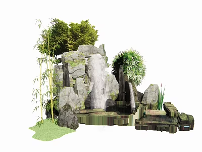Garden Ornament with Rockery Waterfall Bamboo Green Plants and Stone Steps 3d model
