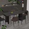 Dining Table Set with Six Brown Chairs Green Plant and Fruit Bowl in Modern Kitchen