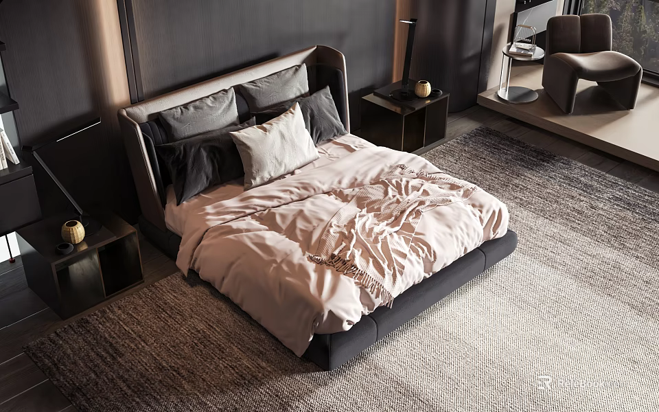 Modern Double Bed with Light Colored Duvet Pillows Nightstands and Dark Walls 3d model 