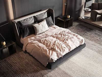 Modern Double Bed with Light Colored Duvet Pillows Nightstands and Dark Walls 3d model