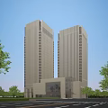 Twin Modern Office Towers With Glass Facade Surrounded by Trees Under Clear Blue Sky