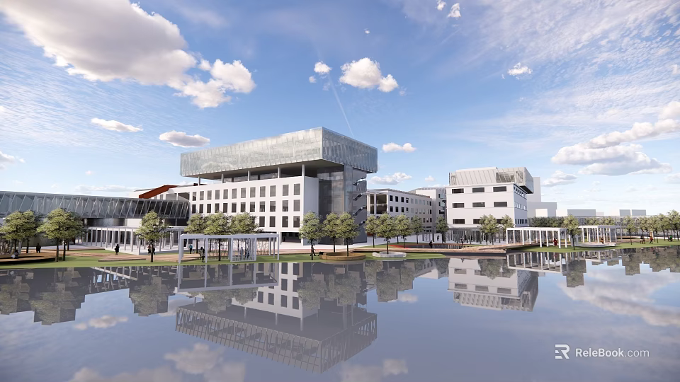 Modern Industrial Factory Building With Glass Curtain Wall And Surrounding Greenery 3d model 