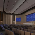 Large Modern Conference Room Featuring Blue Seats Curved Seating Podium Big Screens And Wooden Walls