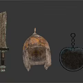 Ancient Rusted Weapons With Bronze Sword Iron Helmet And Shield