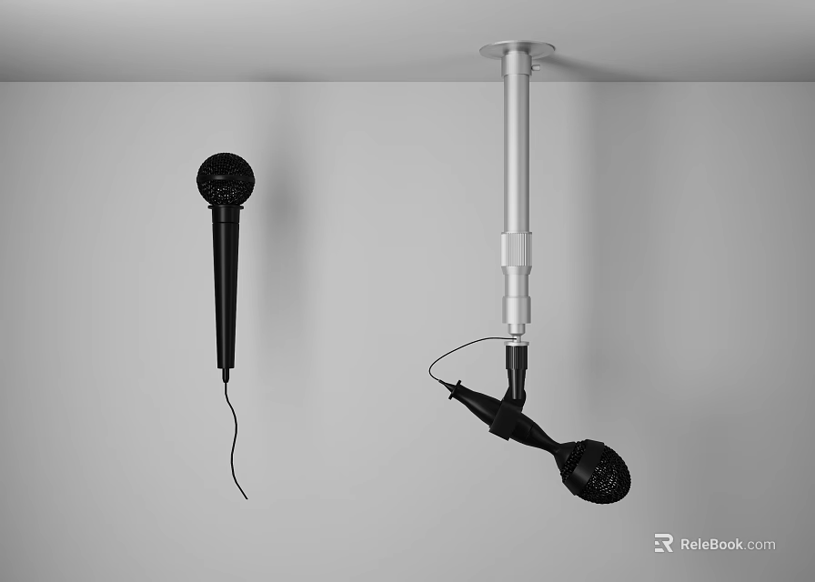Modern Black Headphone Speaker Hanging From Silver Pole With Black Microphone On White Background 3d model 