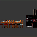 Colorful Cartoon Kitchen Scene With Round Tables Chairs Cabinets Red Refrigerator And Dishes