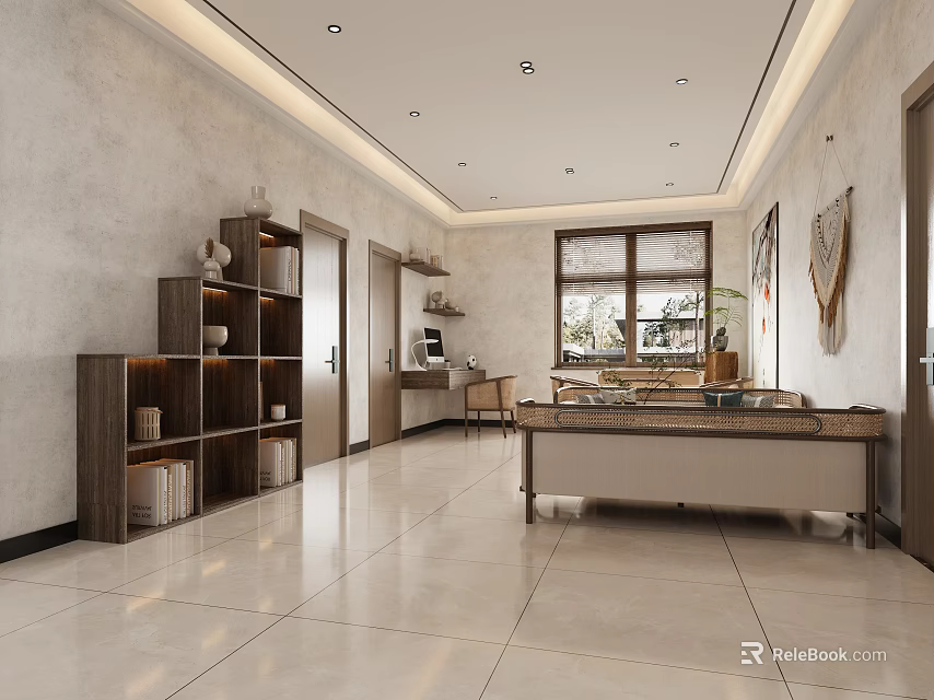 Modern Living Room Interior Design With Bookshelf Sofa Coffee Table Windows And Tile Floor 3d model 