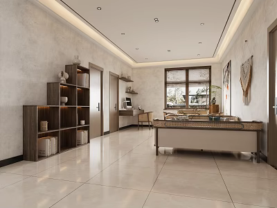 Modern Living Room Interior Design With Bookshelf Sofa Coffee Table Windows And Tile Floor 3d model