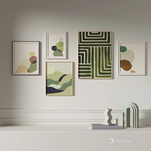Modern Framed Artworks With Abstract Patterns And Decorative Items On Wall 3d model