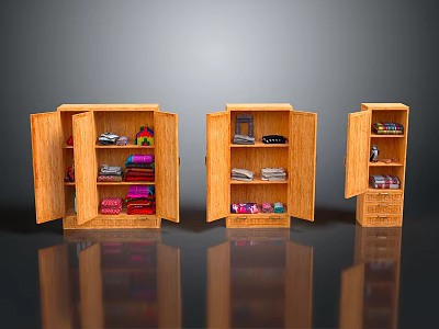 Three Wooden Storage Cabinets with Open Doors Containing Clothes Shoes And Items 3d model