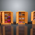 Three Wooden Storage Cabinets with Open Doors Containing Clothes Shoes And Items