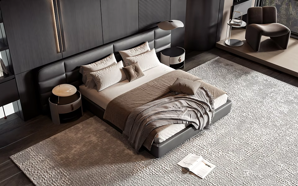 Elegant Modern Double Bed with Black Headboard Gray Bedding Nightstands Table Lamps Rug and Magazine 3d model 