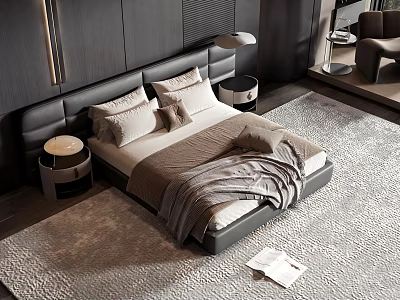 Elegant Modern Double Bed with Black Headboard Gray Bedding Nightstands Table Lamps Rug and Magazine 3d model