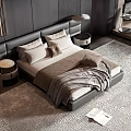 Elegant Modern Double Bed with Black Headboard Gray Bedding Nightstands Table Lamps Rug and Magazine