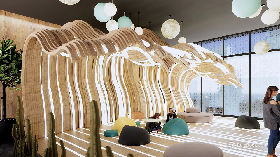 Modern Leisure Area Featuring Wavy Wooden Structure Hanging Spherical Lights Colorful Cushions and Cactus Decorations 3d model 