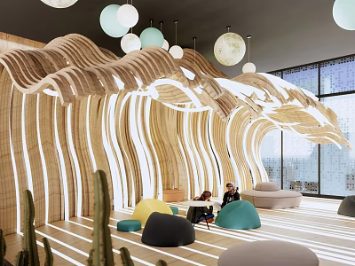 Modern Leisure Area Featuring Wavy Wooden Structure Hanging Spherical Lights Colorful Cushions and Cactus Decorations 3d model