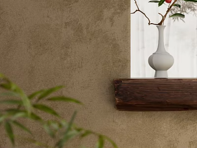 White Vase With Red Berry Branches On Wooden Shelf Beige Wall Bamboo Leaves 3d model